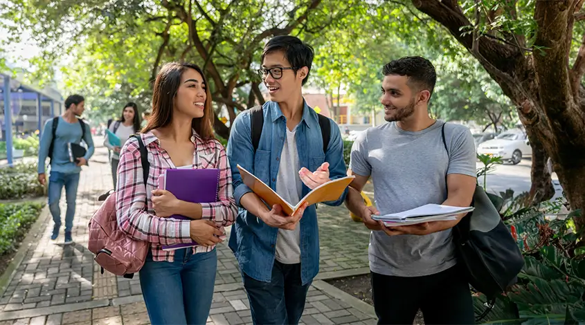group of diverse young adults walking to class